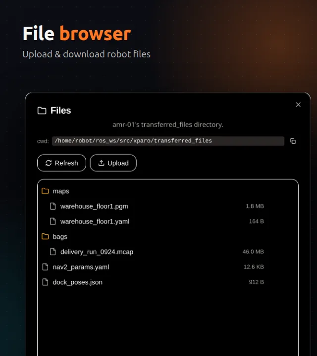 File browser: upload and download robot files