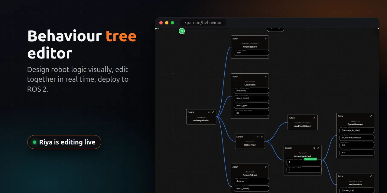 Behaviour tree editor: design robot logic visually and edit together in real time