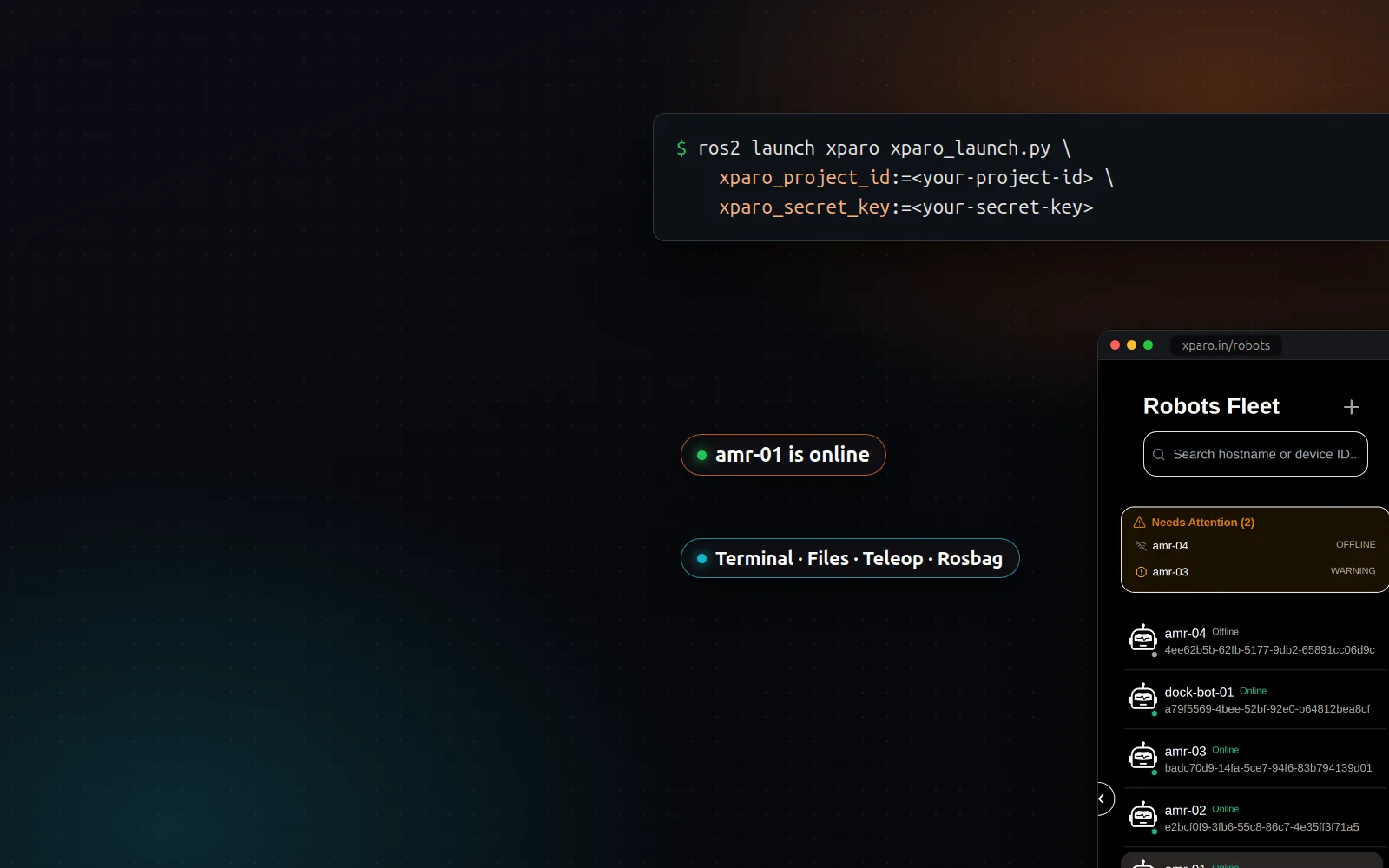 The ros2 launch command for the xparo package next to the Robots Fleet list showing robots online