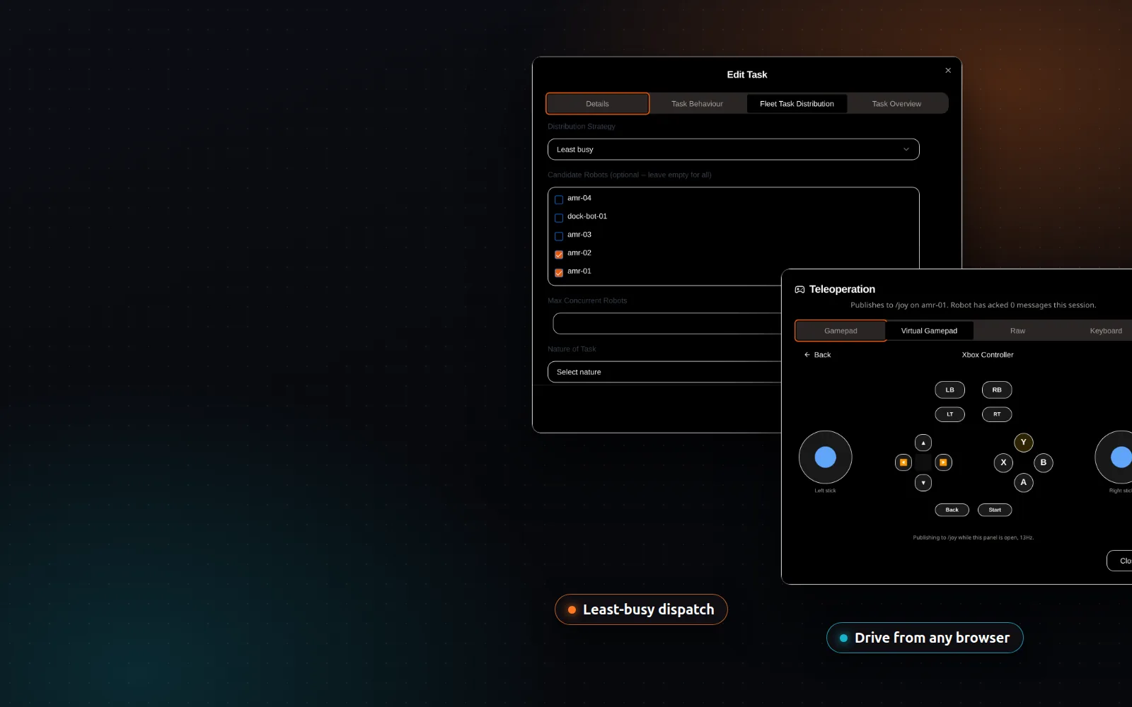 Task editor dispatching to the least busy robot, and the virtual Xbox controller for teleoperation