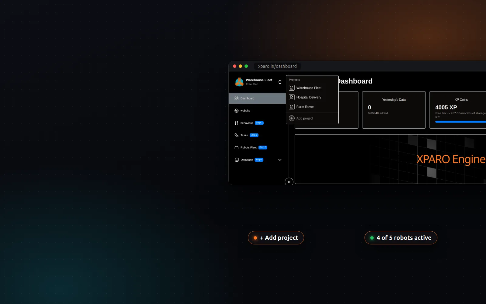 XPARO dashboard with the project switcher open and live fleet stats