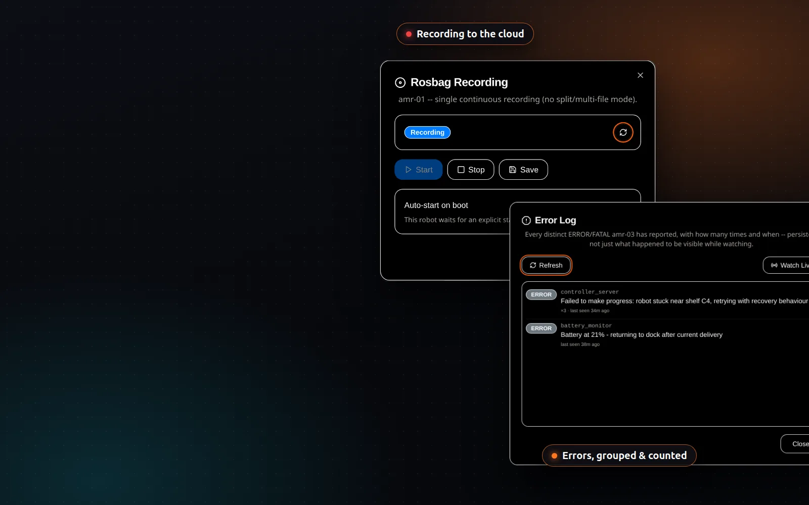 Rosbag recording panel in the Recording state and the robot error log